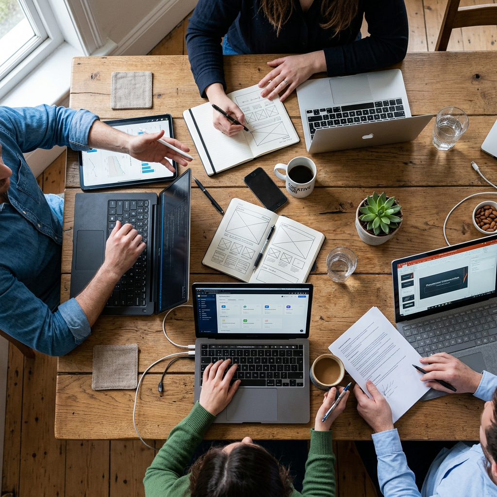 People working with laptops, notebooks, and documents on a wooden table