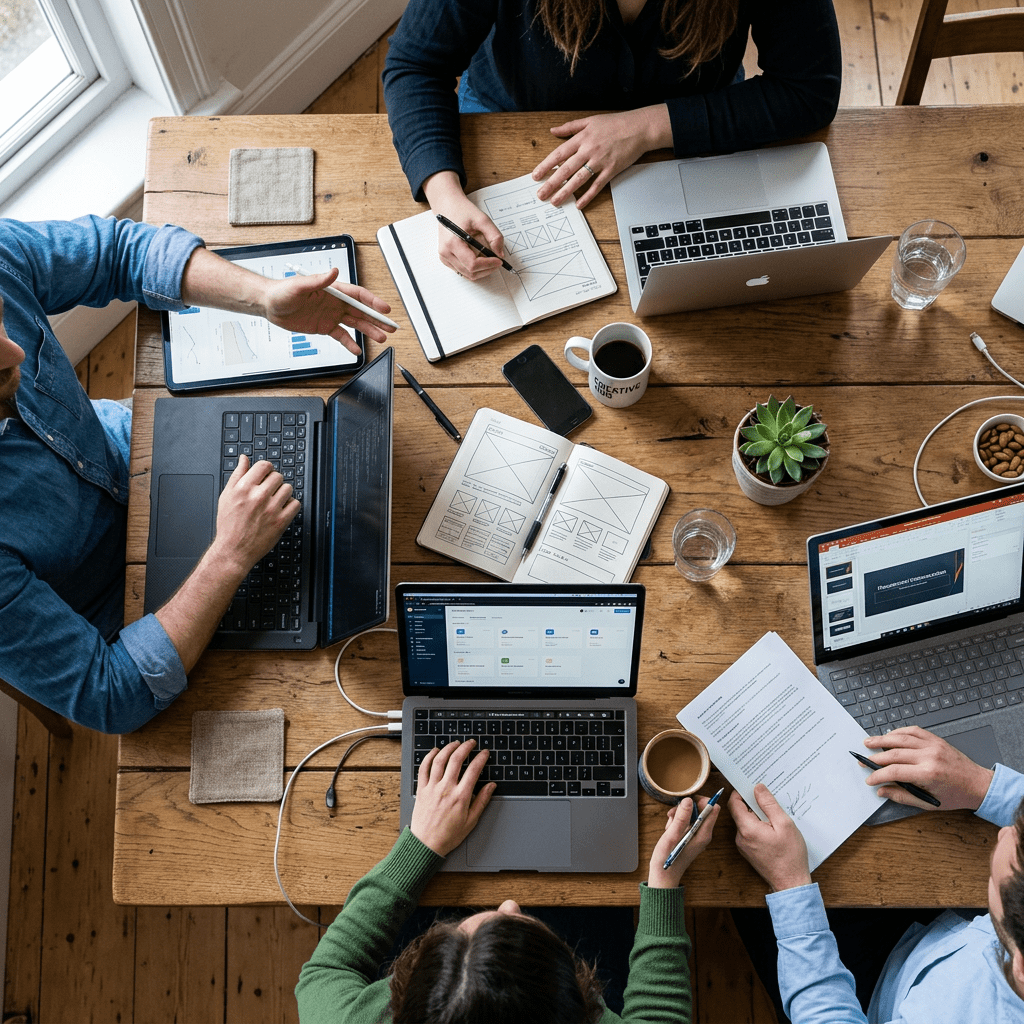 People working with laptops, notebooks, and documents on a wooden table