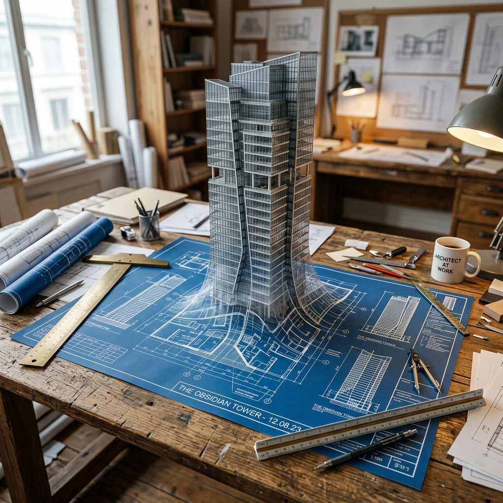 Skyscraper architectural model emerging from blueprint on workspace with tools and plans