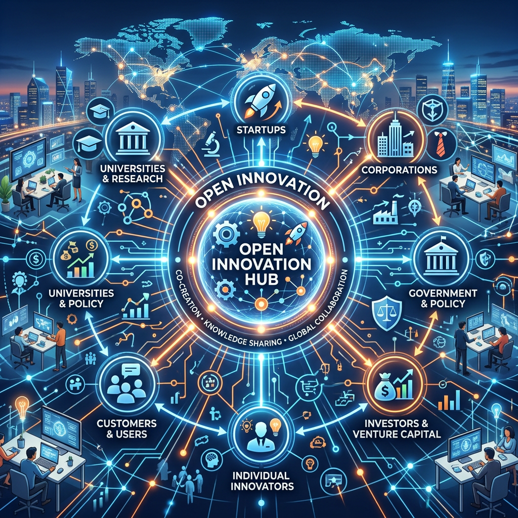 Open innovation hub linking startups, corporations, universities, government, investors, customers, and individual innovators